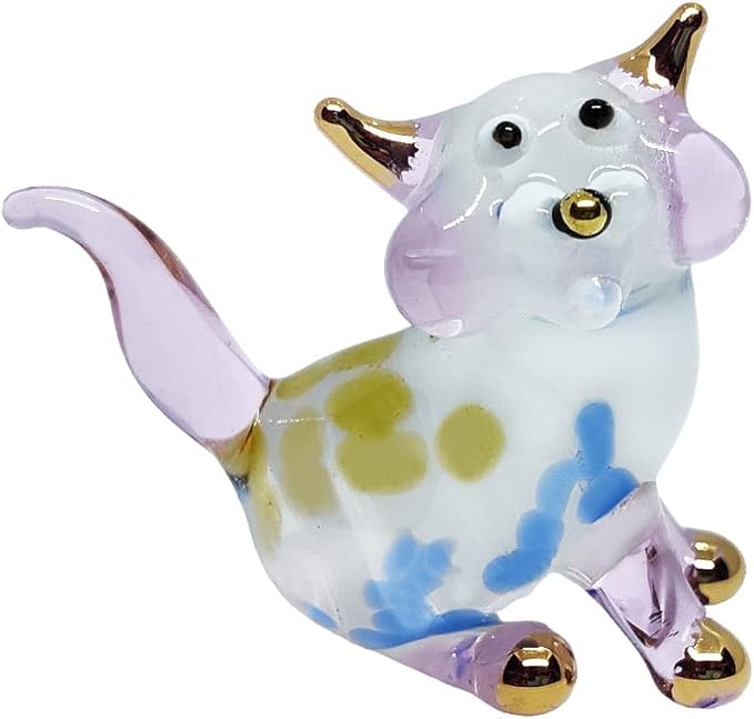 Tiny 1½" White Pink Yellow Blue Sitting Look Right Cat Figurine Miniature Hand Blown Glass Cats Kitten Feline Animals Cute Crystal Decorative Collectible Figurines Décor Gifts