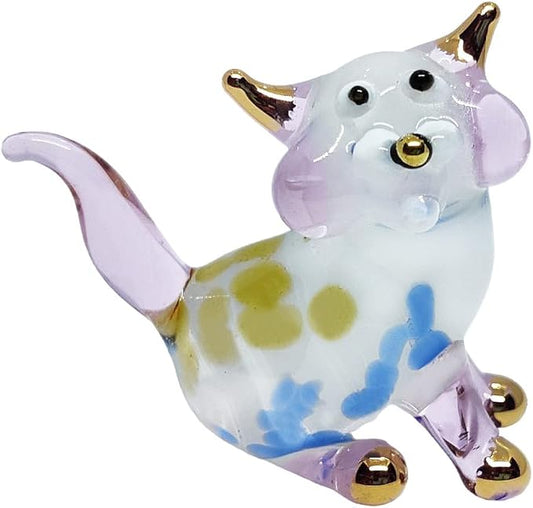 Tiny 1½" White Pink Yellow Blue Sitting Look Right Cat Figurine Miniature Hand Blown Glass Cats Kitten Feline Animals Cute Crystal Decorative Collectible Figurines Décor Gifts