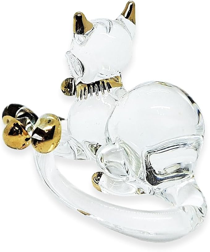 Tiny 2" Clear Gold Crouching Play Ball Cat Figurine Miniature Hand Blown Painted Glass Cats Kitten Feline Animals Cute Crystal Decorative Collectible Figurines Décor Gifts