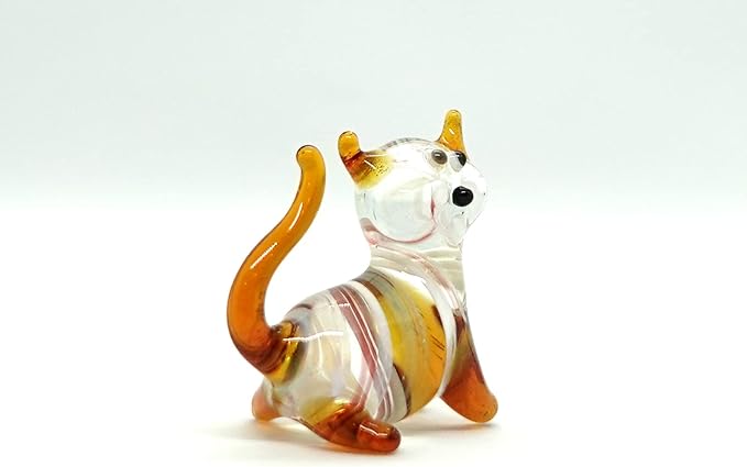 Cat Tiny Figurines Blown Glass Art Animals Hand Painted Collectible Gift Decorate (Multi-Amber)