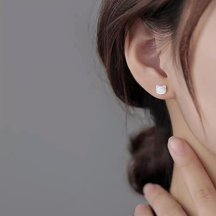 Dainty Shell Pearl Cat Stud Earrings for Women Girls 925 Sterling Silver Hypoallergenic Nickel Free Tiny Small Kitten Animal Studs Cartilage Tragus Post Cute Birthday Halloween Christmas Jewelry Gifts