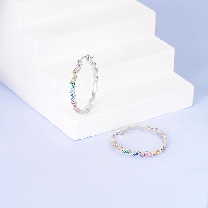 NARMO 925 Sterling Silver Hoop Earrings for Women Hypoallergenic Lightweight Simple Huggie Hoop Earrings Twisted Hoop Earrings Colorful Cubic Zirconia Hoop Earrings Rainbow Hoop Earrings