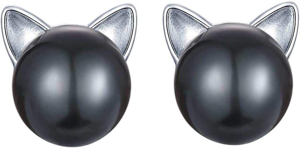 S.Leaf Cat Earrings Pearl Earrings Sterling Silver Earrings for Women Cat Memorial Gifts Cat Gifts for Cat Lovers Cat Jewelry for Women