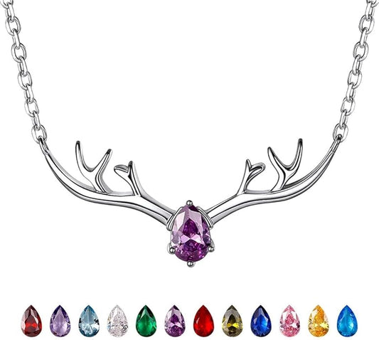 SILVERCUTE Sterling Silver Birthstone Necklaces for Women, Xmas Antler Deer Pendant Necklace with Colorful Cubic Zirconia,16-18 inches