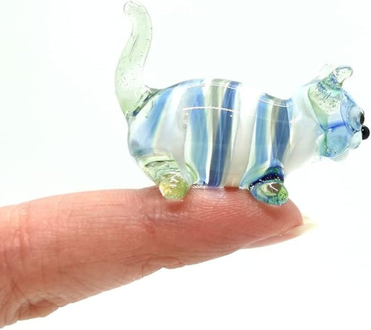 Cat Tiny Figurines Blown Glass Art Animals Hand Painted Collectible Gift Decorate (Green Stand)