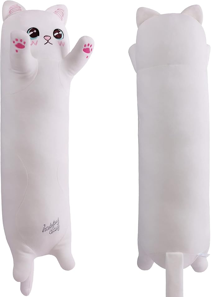 Cat Soft Plush Pillow Cute Cat Body Pillow, Long Stuffed Cat Plush Cat Stuffed Animal Toy Kitten Long Throw Pillow Gift for Kids Girlfriend(50CM,White)