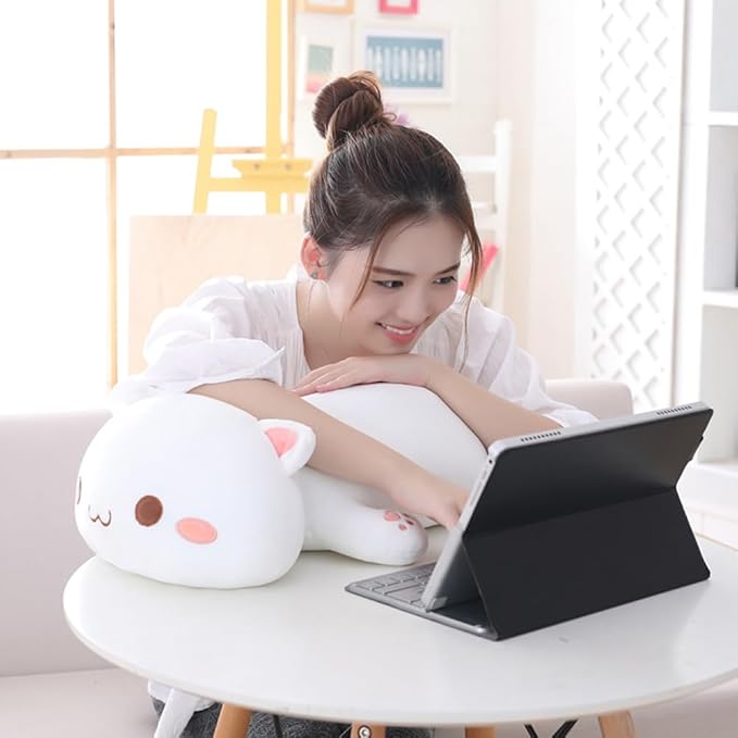 Cat Plush Hugging Pillow, Soft Cat Stuffed Animals Kawaii Kitten Plush Toy Gifts for Kids (White Round Eyes, 19.6")