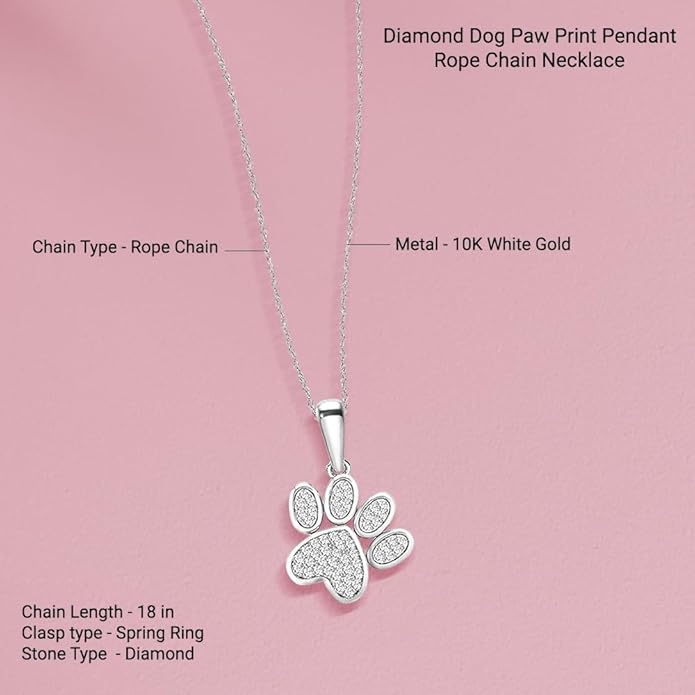 Diamond2Deal 10K Solid Gold Diamond Dog Paw Print Pendant Rope Chain Necklace 18inch (1/8Ct/ I2,H-I)