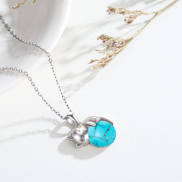 Natural Gemstone Cat Necklace for Women 925 Sterling Silver Cute Kitten Pendant with Genuine Turquoise/Rose Quartz/Amethyst/Larimar/Labradorite/Moss Agate/Blue Sandstone Jewelry Gifts