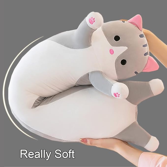 Giant Cat Pillow Plush Cartoon Kitty Sleeping Hugging Pillow, Cuddly Soft Long Kitten Body Pillow Doll Cat Cushion Toy for Kids Girlfriend (Gray, 110cm/43.3inch)