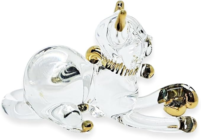 Tiny 2" Clear Gold Crouching Play Ball Cat Figurine Miniature Hand Blown Painted Glass Cats Kitten Feline Animals Cute Crystal Decorative Collectible Figurines Décor Gifts