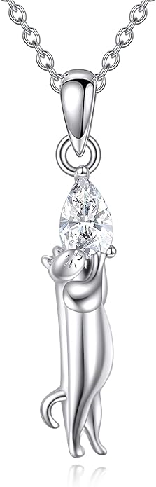 Cat Necklace Sterling Silver Cat Pendnat with Rose Quartz Pearl Jewelry Gifts for Women Cat Lovers