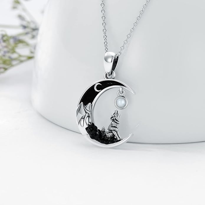 Gothic Jewelry Bat/Cat/Wolf/Dragon/Owl/Fox/Spider/Sun Pendant Sterling Silver Crescent Moon Necklace for Women Girls Black Jewelry Gifts