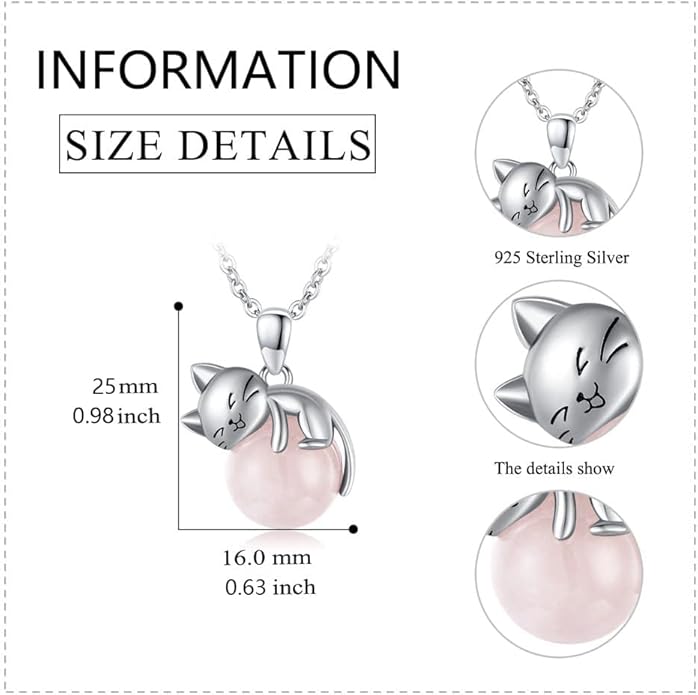 Natural Gemstone Cat Necklace for Women 925 Sterling Silver Cute Kitten Pendant with Genuine Turquoise/Rose Quartz/Amethyst/Larimar/Labradorite/Moss Agate/Blue Sandstone Jewelry Gifts