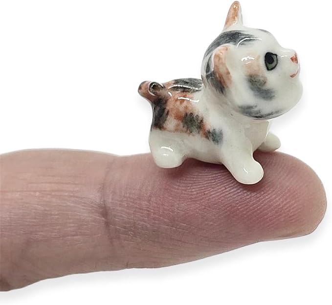 WitnyStore Tiny ¾ Inch Calico Tricolor Shorthair Baby Cat Look Up Figurine - Miniature Hand Made Ceramic Cats Kitten Feline Animal Cute Porcelain Decorative Figures Collectible Figurines Décor Gifts