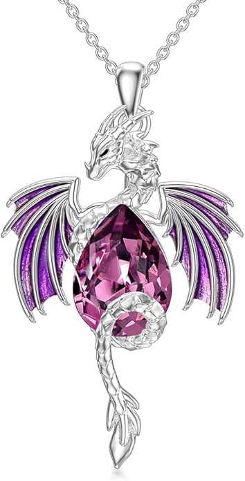 Dragon Necklace for Men Sterling Silver Birthstone Wyvern Necklace Embllished with Teardrop Shaped Crystal Jewelry for Women