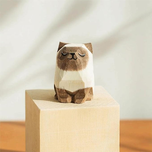 Cute Small Wood Siamese Cat Figurines, Handmade Carved Siamese Cat Statue Home Decor