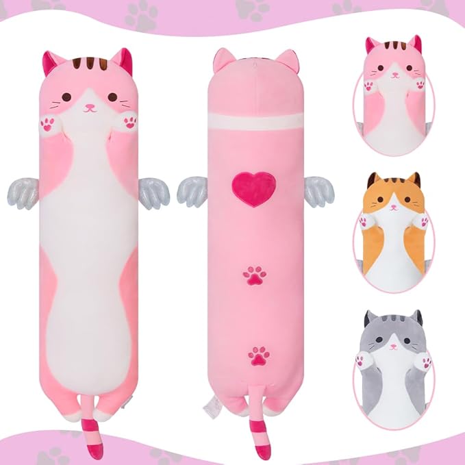 Long Plush Toy Cat Pillow Cute Plush Cat Toy Doll Stuffed Animal Cat Hugging Pillow for Sleeping Gift for Kids and Girls(Pink,110cm/43.3in)