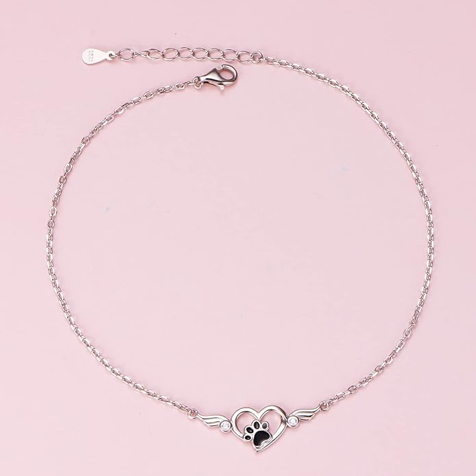 FLYOW 925 Sterling Silver Cute Paw Print Forever Love Heart Pendant Necklace/Bracelet/Stud Earrings Gift for Women, Box Chain 18"