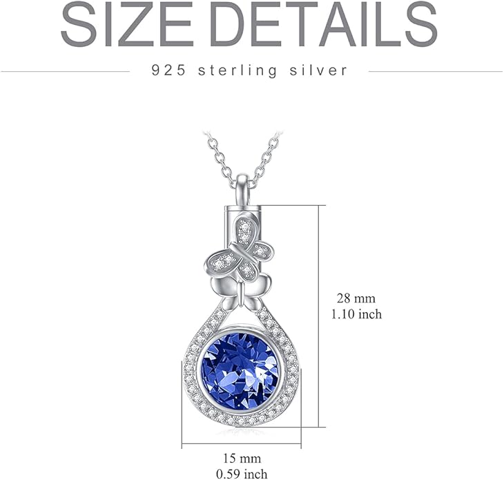 AOBOCO Butterfly Urn Necklace for Ashes 925 Sterling Silver Butterfly Cremation Jewelry Memorial Keepsake Pendant with 12 Months Birthstone Crystal from Austria