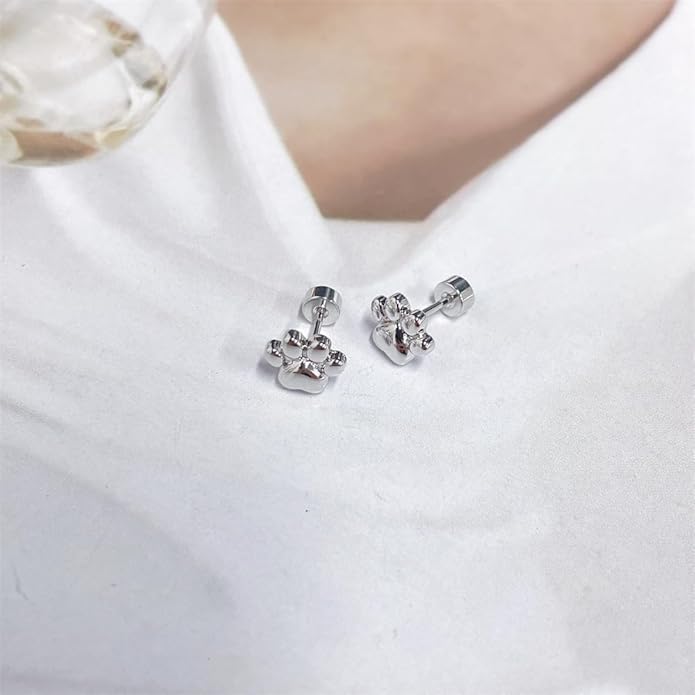 Cute 20g Paw Dog Cat Print Screw Flat Back Small Stud Earrings for Women Teen Girls Simple Stainless Steel Silver Gold Plated Animal Cartilage Tragus Piercing Little Studs Hypoallergenic Fashion Jewelry Birthday Gift