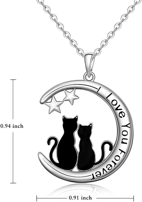 Fenthring Black Cat Necklace Sterling Silver Crescent Moon Pendant Cute Cat Couples Friendship Animal I Love You Forever Necklaces for Women Cats Halloween Christmas Holiday Jewelry