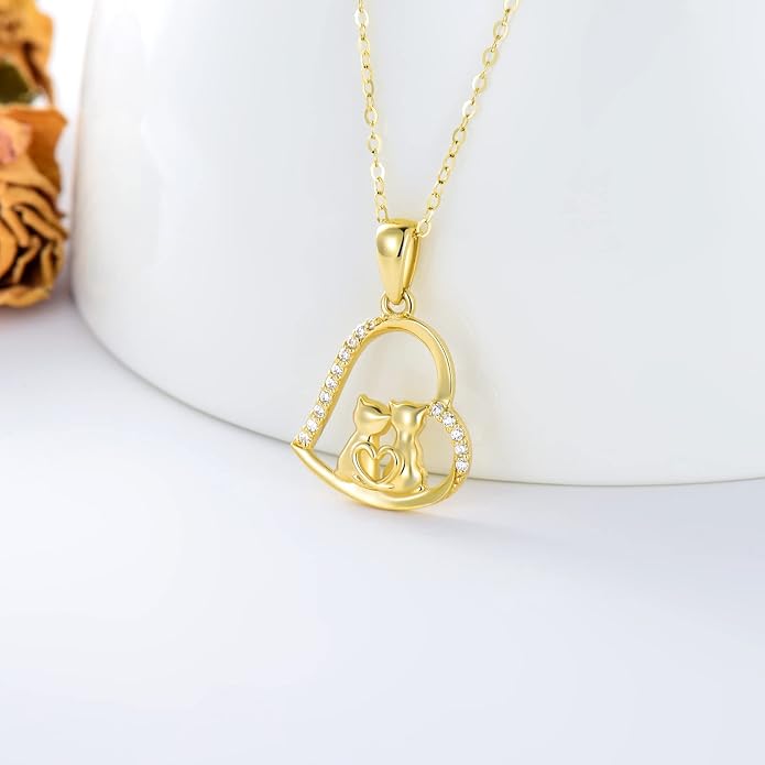 Cat Necklace for Women 14K Solid Gold Cat Lover Gift Eternal Love Heart Necklace for Wife and Mom