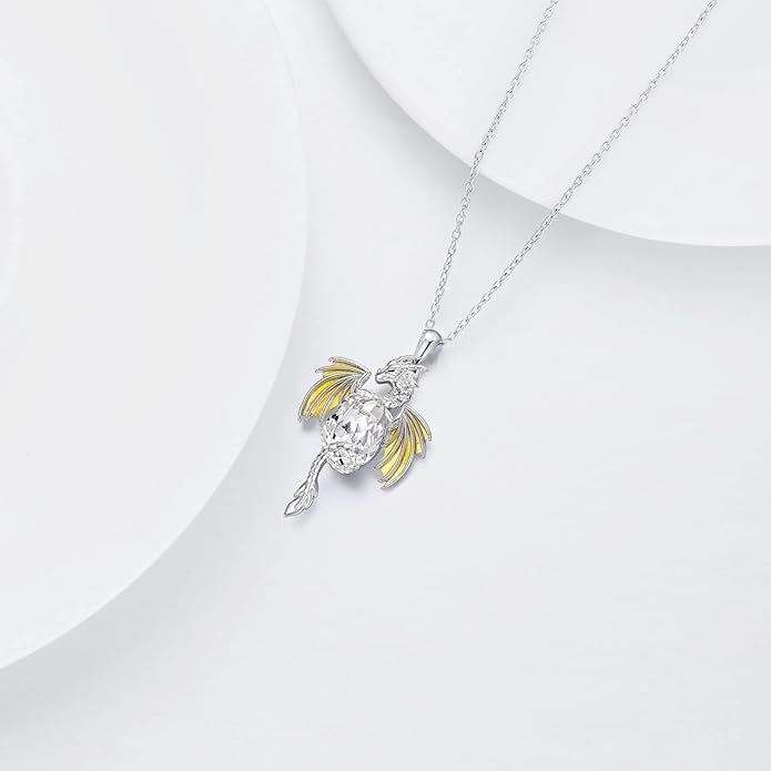 Dragon Necklace for Men Sterling Silver Birthstone Wyvern Necklace Embllished with Teardrop Shaped Crystal Jewelry for Women
