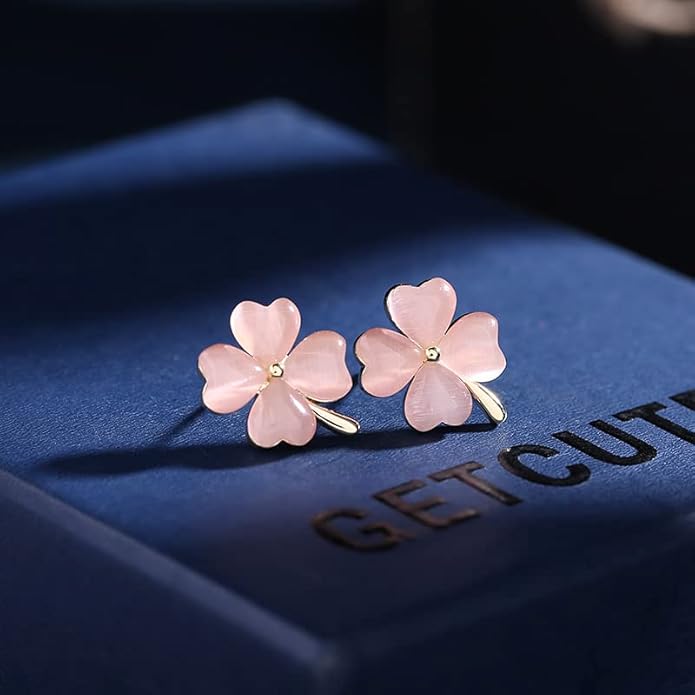 Green Cat Eye's Clover Flower Earrings for Women Girls 925 Sterling Silver Post Pin Hypoallergenic Lucky Love Heart 4 Leaf Petal Small Cute Studs Earring Dainty Gifts for Mother Sister Aunt