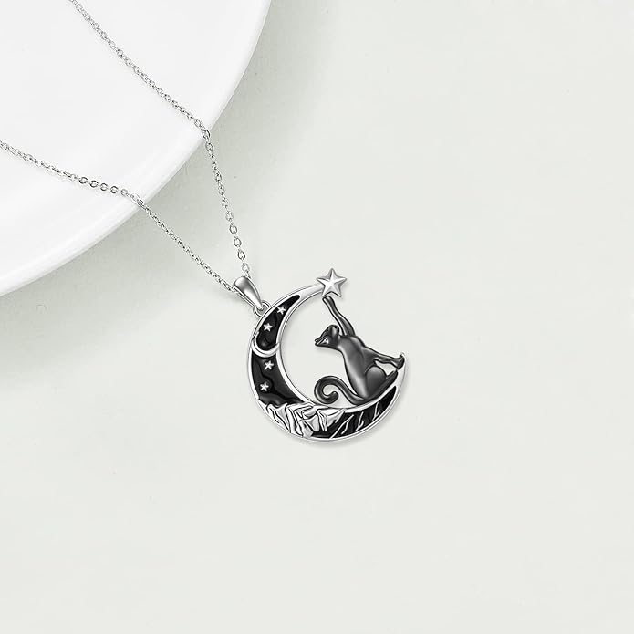 Odinstone Cat Necklace, S925 Sterling Silver Cat on Moon Pendant with Cubic Zirconia, Cat Jewelry Mothers Day Gifts for Mum with Gift Package - I Love You Forever