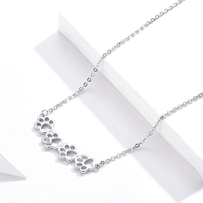 Cute Paw Necklace for Women Sterling Silver Puppy Dog Cat Kitten 4 Paw Print Pendant Choker Necklace Adjustable Chain 18" Pet Keepsake Minimalist Jewelry Box