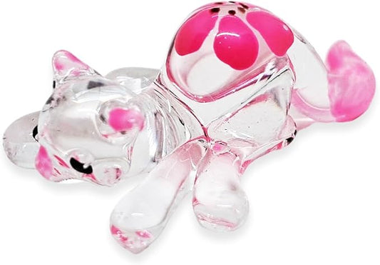 Tiny 1¾" Clear Pink Flowered Lying Prone Cat Figurine Miniature Hand Blown Glass Cats Kitten Feline Animals Cute Colorful Crystal Decorative Collectible Figurines Décor Gifts