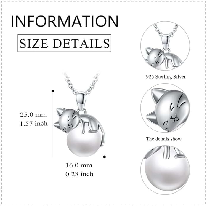 Cat Necklace Sterling Silver Cat Pendnat with Rose Quartz Pearl Jewelry Gifts for Women Cat Lovers