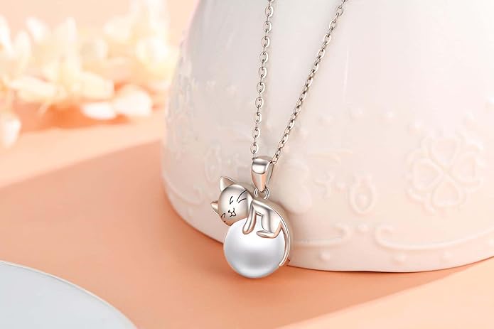 Cat Necklace Sterling Silver Cat Pendnat with Rose Quartz Pearl Jewelry Gifts for Women Cat Lovers