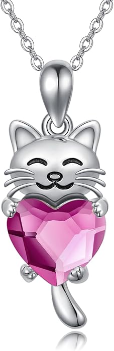 JUSTKIDSTOY Sterling Silver Cute Animal Pendant Necklace with Crystal Cat Pendant - Women's Cat Lovers Jewelry Gift