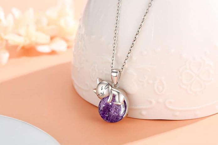 Natural Gemstone Cat Necklace for Women 925 Sterling Silver Cute Kitten Pendant with Genuine Turquoise/Rose Quartz/Amethyst/Larimar/Labradorite/Moss Agate/Blue Sandstone Jewelry Gifts