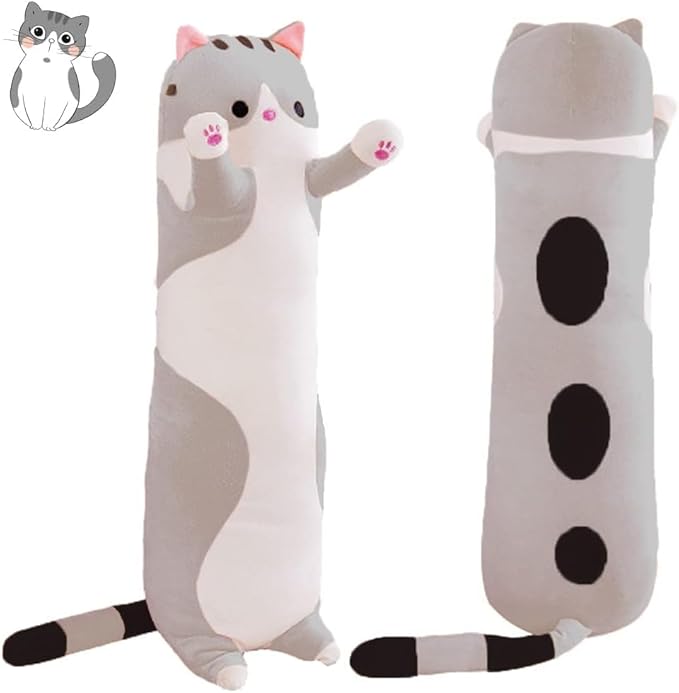 Long Cat Plush Pillow Soft Cat Body Pillow, Long Cat Stuffed Animal Cotton Kitten Sleeping Throw Pillow Gift for Kids Girlfriend(50CM,Grey)