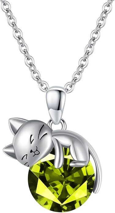 LONAGO Cat Necklace with Birthstone 925 Sterling Silver Cat Pendant Necklace Gift for Women