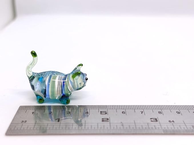 Cat Tiny Figurines Blown Glass Art Animals Hand Painted Collectible Gift Decorate (Blue Green Stand)