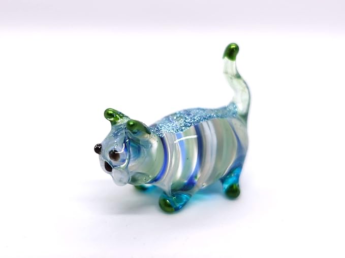 Cat Tiny Figurines Blown Glass Art Animals Hand Painted Collectible Gift Decorate (Blue Green Stand)