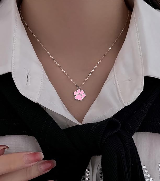 Cute Puppy Dog Paw Print Pendant Necklace 925 Sterling Silver Enameled Cat Kitten Animal Pet Adjustable Necklaces Dainty Birthday Christmas Jewelry Gifts for Women 18" Chain