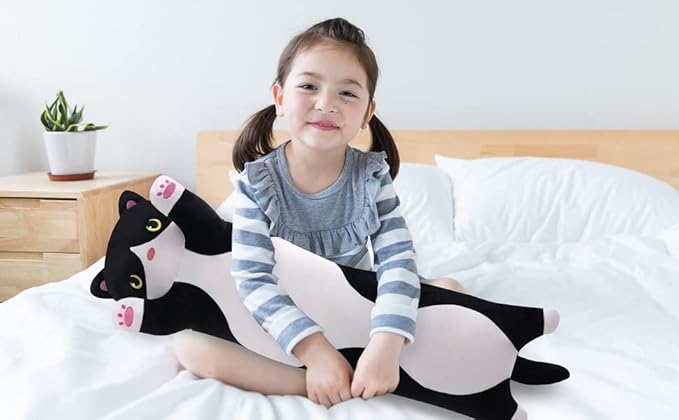 Soft Plush Cat Body Pillow, Long Stuffed Animal Toy Kitten Throw Pillow Gift for Kids, Girlfriend (110CM, Black)