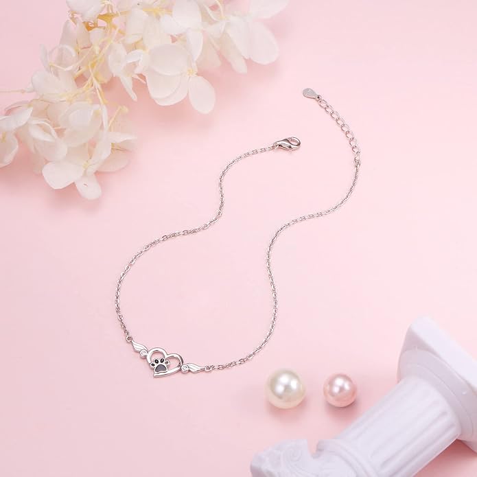 FLYOW 925 Sterling Silver Cute Paw Print Forever Love Heart Pendant Necklace/Bracelet/Stud Earrings Gift for Women, Box Chain 18"