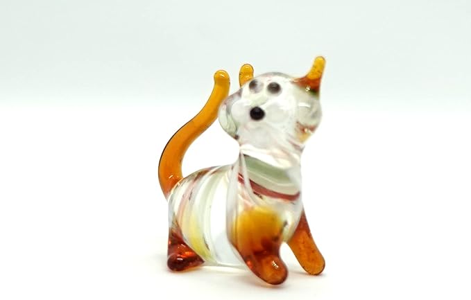 Cat Tiny Figurines Blown Glass Art Animals Hand Painted Collectible Gift Decorate (Multi-Amber)