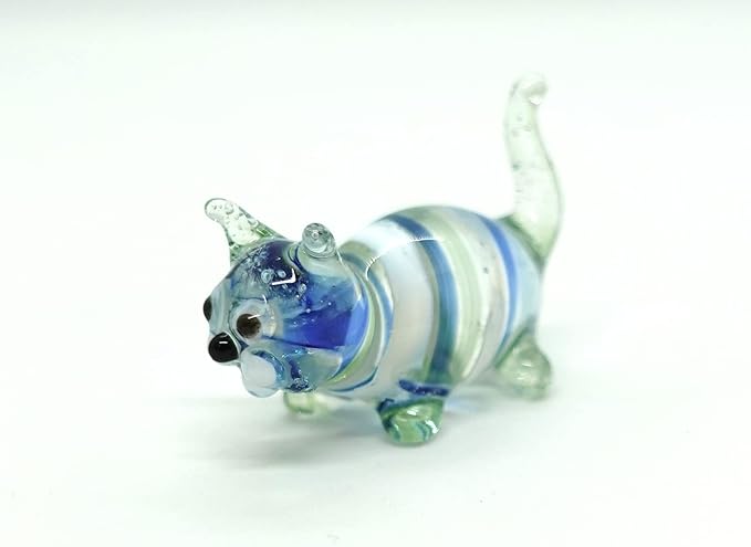 Cat Tiny Figurines Blown Glass Art Animals Hand Painted Collectible Gift Decorate (Green Stand)