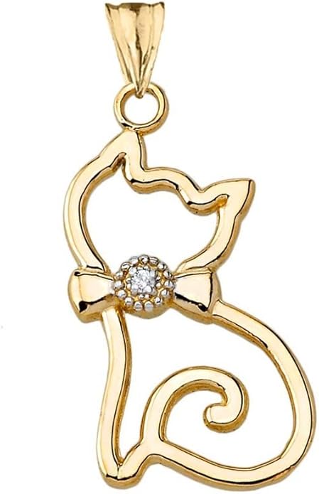 Animal Kingdom Unique 14k Yellow Gold Diamond Openwork Cat Charm Pendant