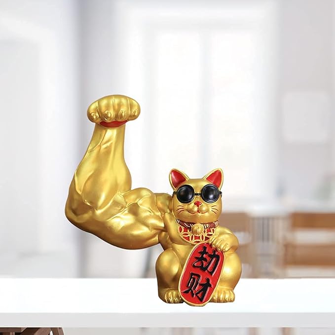 Muscle Arm Cat Figurine Lucky Cat Statue Wealth Good Luck Statue Feng Shui Office Decoration for Home Hotel Ornament - Golden Robbery