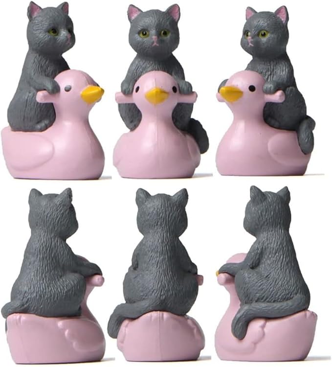 Grey Cat Ornaments, Kawaii Figure, DIY Cat Miniature, Sitting Pink Duck Cat Figurine, Outdoor Statues Small Statue Animal Model Garden Cake Plant Decor