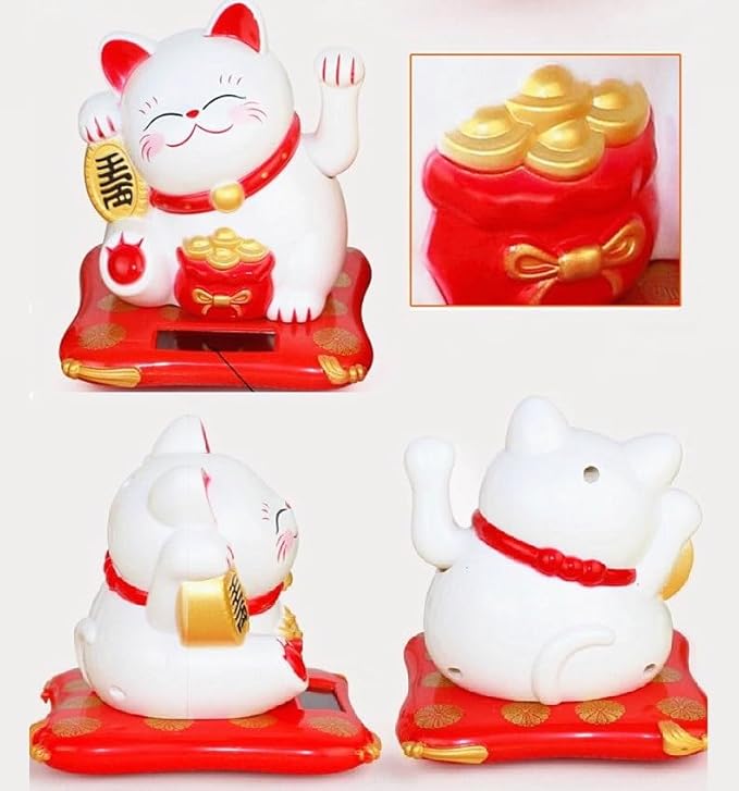 EatingBiting Figurine Maneki Neko Beckoning Lucky Money Cat Solar Shaking Hand Statue Ornament Decoration Car Ornaments Retro Decor Indoor Desktop Figure Dancing