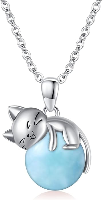 Natural Gemstone Cat Necklace for Women 925 Sterling Silver Cute Kitten Pendant with Genuine Turquoise/Rose Quartz/Amethyst/Larimar/Labradorite/Moss Agate/Blue Sandstone Jewelry Gifts